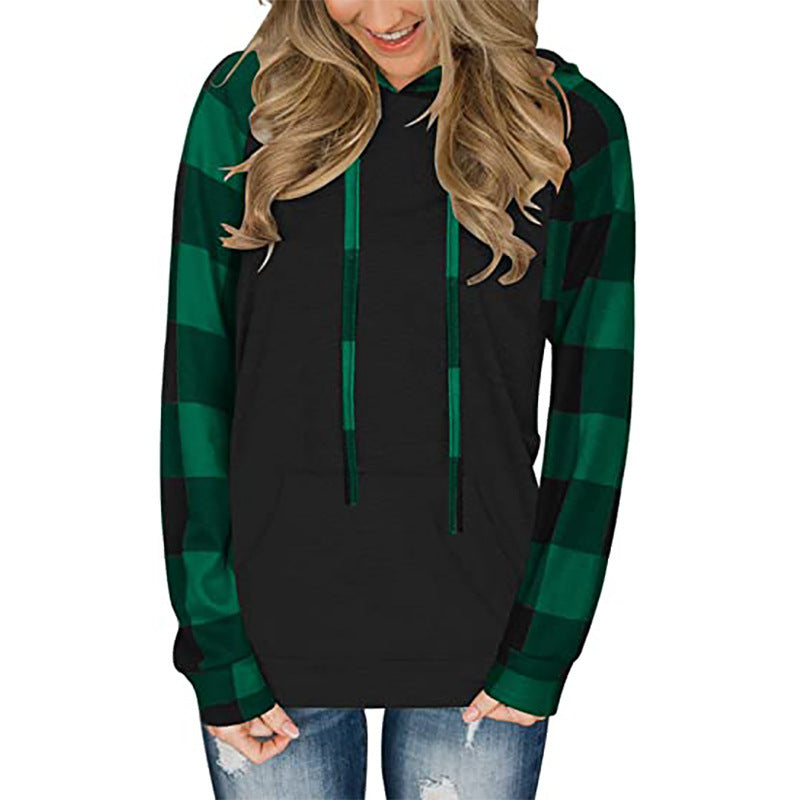 Women's Long-sleeved Color Matching Casual Plaid Hooded T-shirt