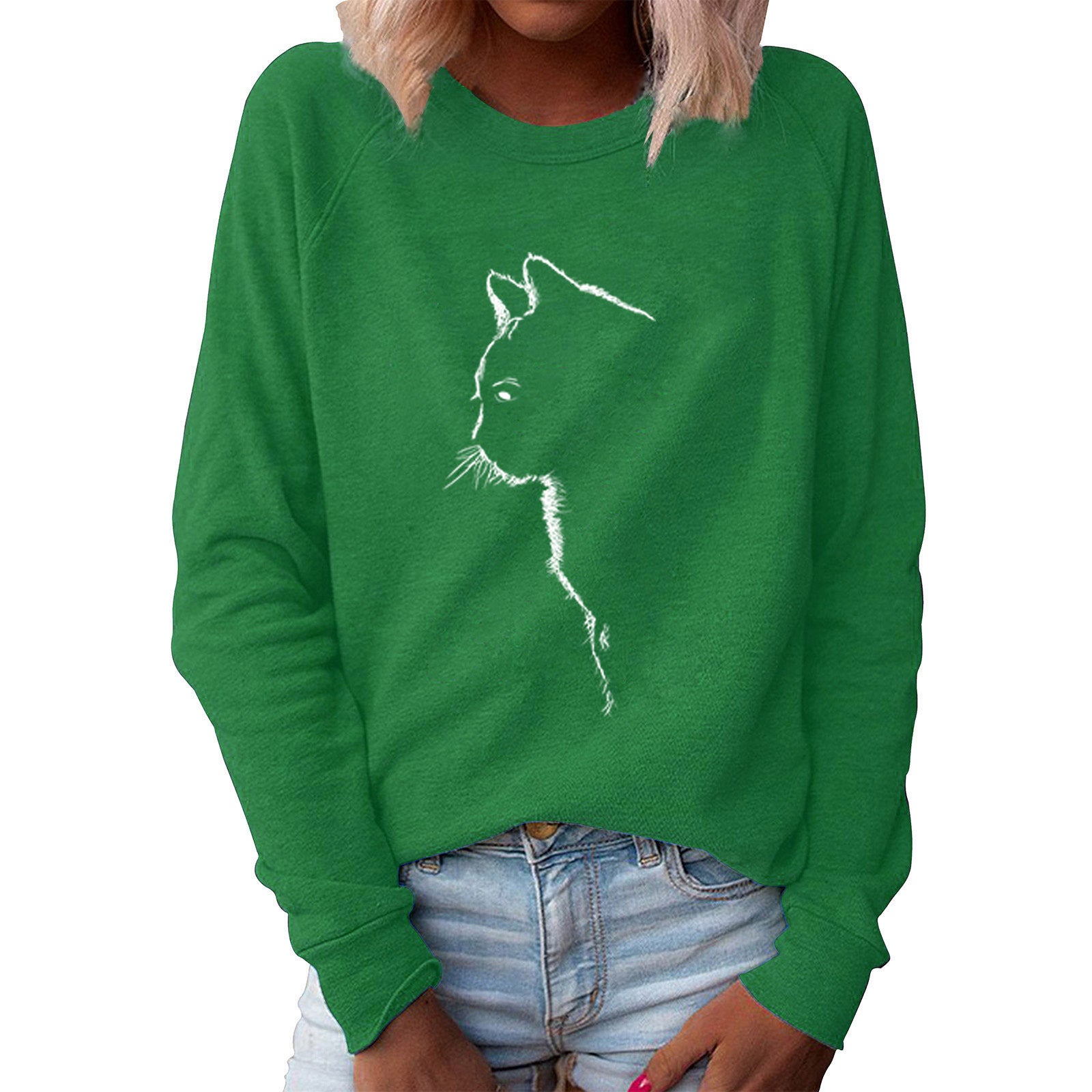 Cute Cat Print Long Sleeve Pullover Sweater