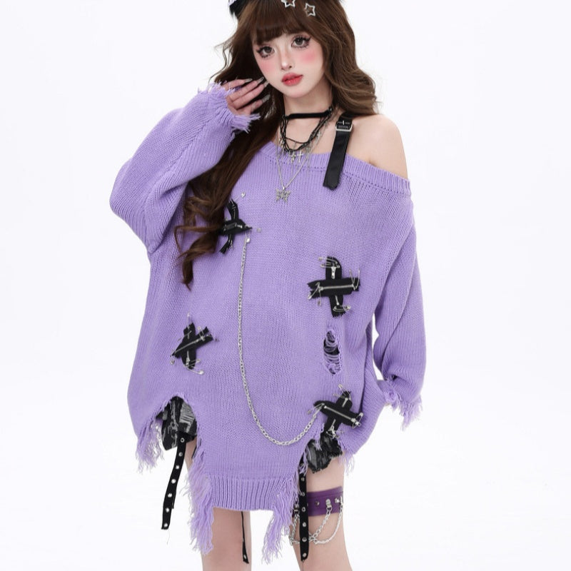 Hot Girl Ripped Tassel Off-the-shoulder Sweater for Women Autumn and Winter Loose
