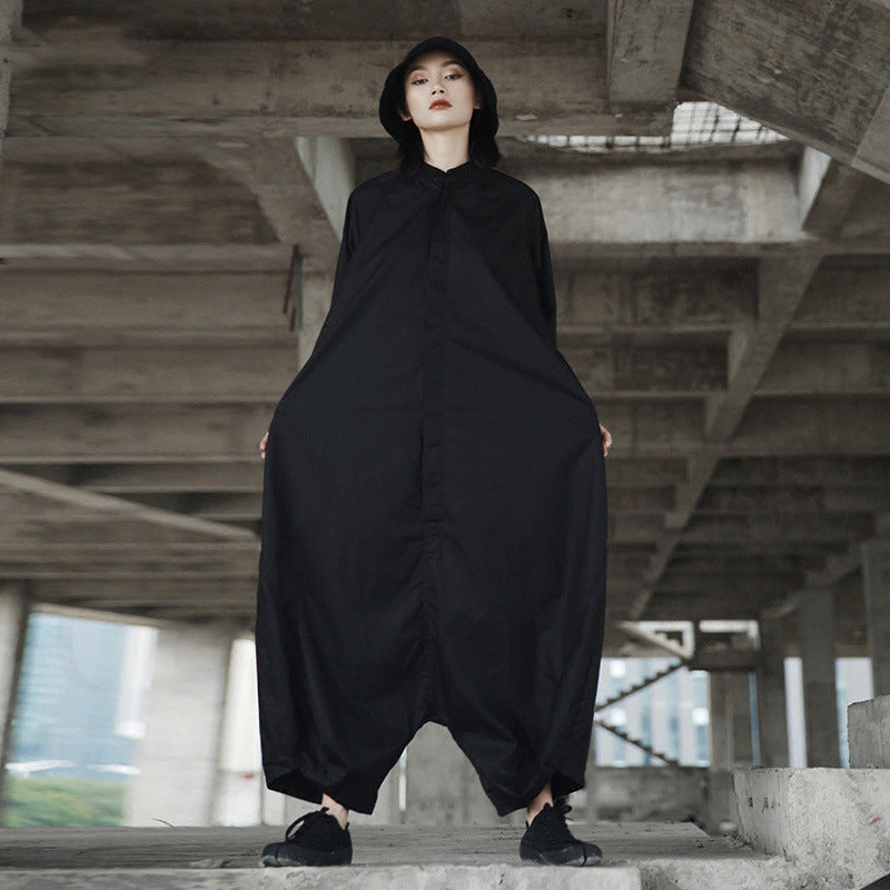 Simple Single-breasted Black Jumpsuit Women's Loose Batwing Sleeve Trousers