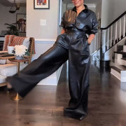 Black PU Retro Loose Leather Pocket Jumpsuit
