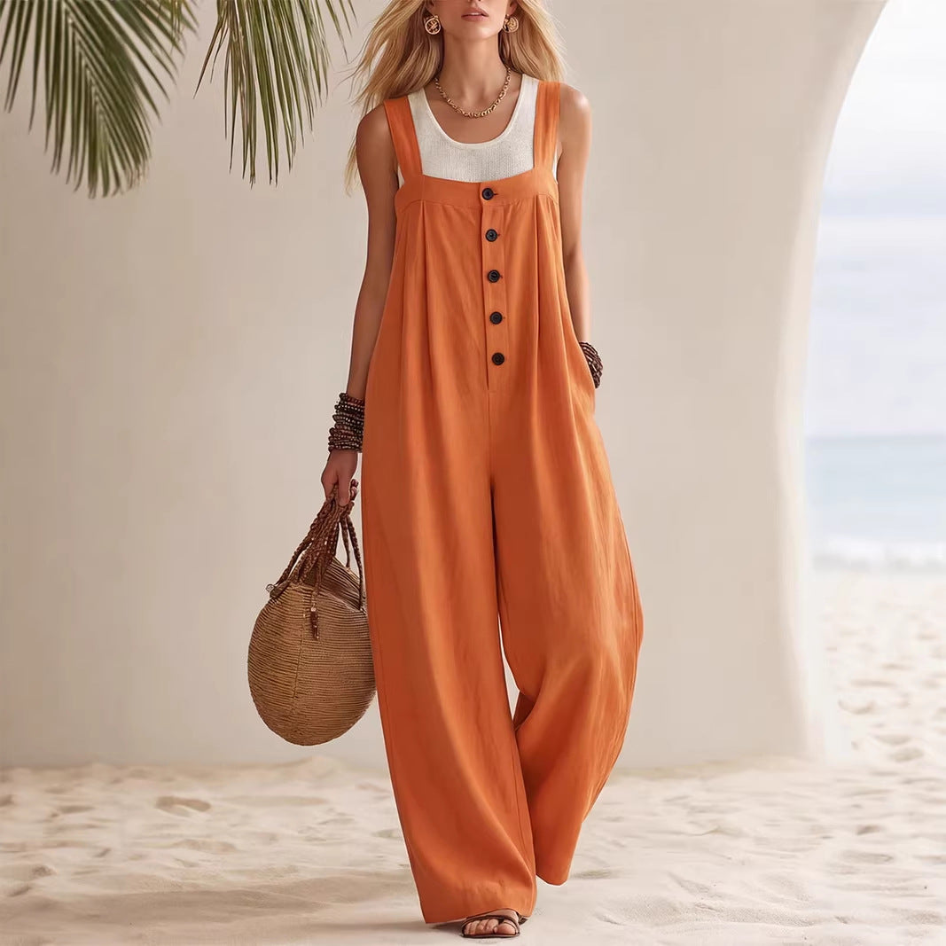 Bohemian Button-Front Suspender Jumpsuit