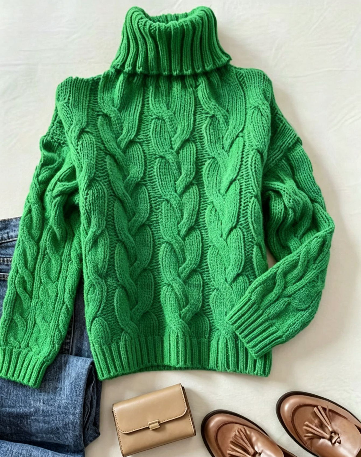 Comfortable Turtleneck Long-sleeve Sweater with a Cable-knit Pattern