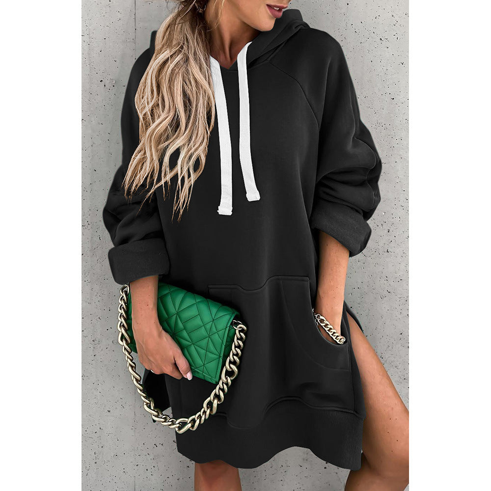Women's Cozy Mid-Length Solid Color Hooded Sweatshirt