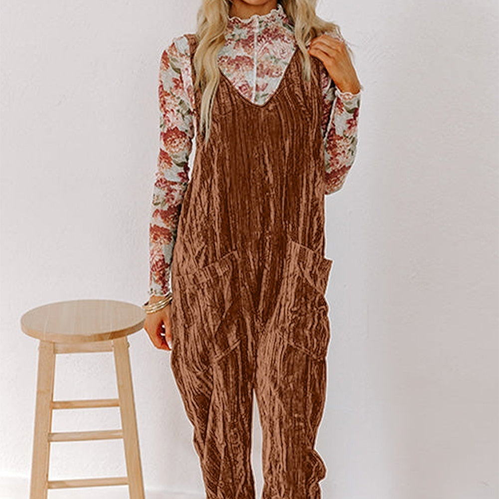 Chicory Coffee Velvet Adjustable Jumpsuit with Pocket