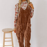 Chicory Coffee Velvet Adjustable Jumpsuit with Pocket