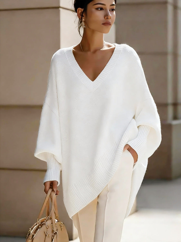 Womens Solid-color Fashionable Loose-fitting Pullover with Puff Sleeves and a V-neck