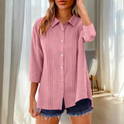 Women's Casual Top Three-Quarter Sleeve Lapel Collar Loose-Fit Button-Up Shirt