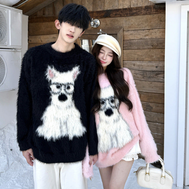 Mens and Womens Cartoon Puppy Loose Casual Pullover Sweater