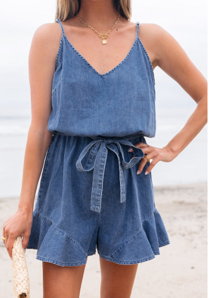 Blue V-Neck Ruffled Chambray Romper with Belt