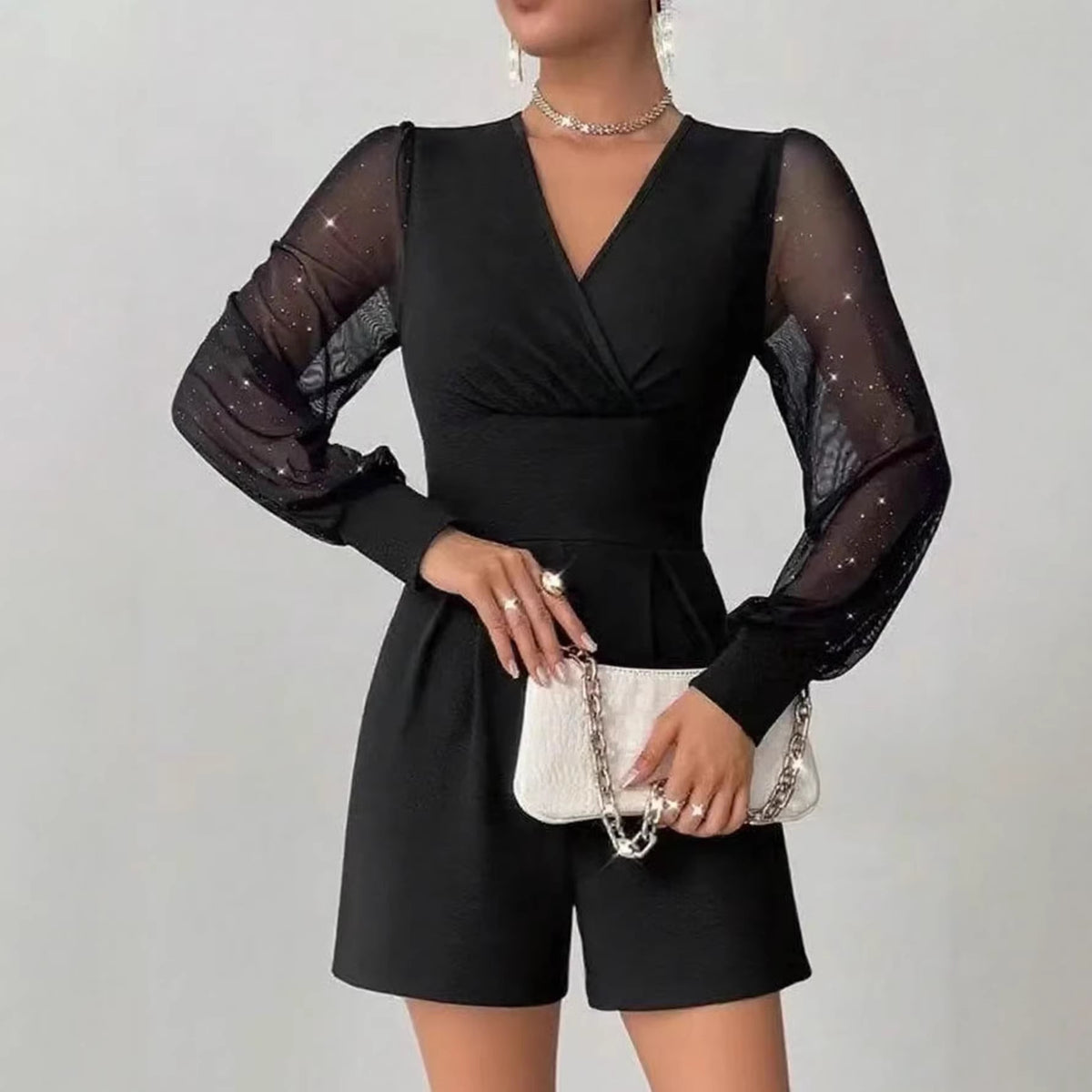 Chic Puff Sleeve Mesh Shorts Jumpsuit