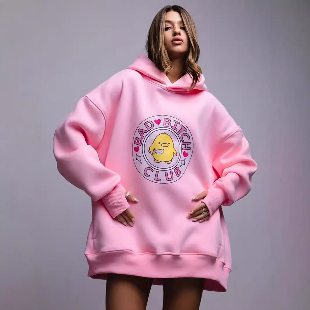 Cute Yellow Duck Print Oversized Cotton Hoodie