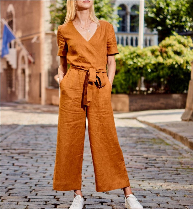 Color-Block Casual Loose-Fit Wide-Leg Jumpsuit