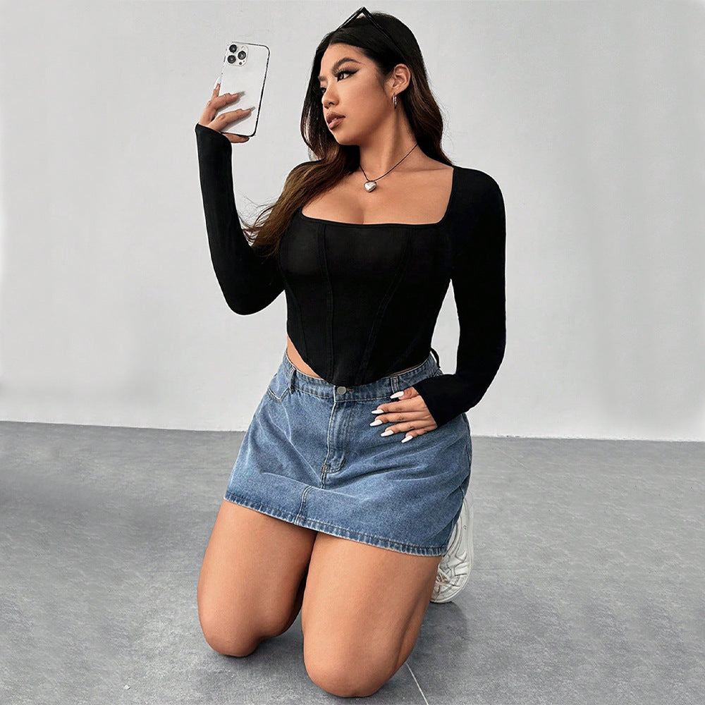 Plus Size Square Collar Fishbone Solid Bottoming Shirt