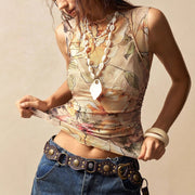 Floral Sleeveless High-Neck Slim-Fit Top – Elegant & Lightweight