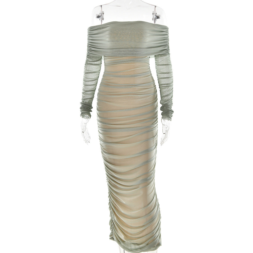 Mesh Off Shoulder Pleated Dress