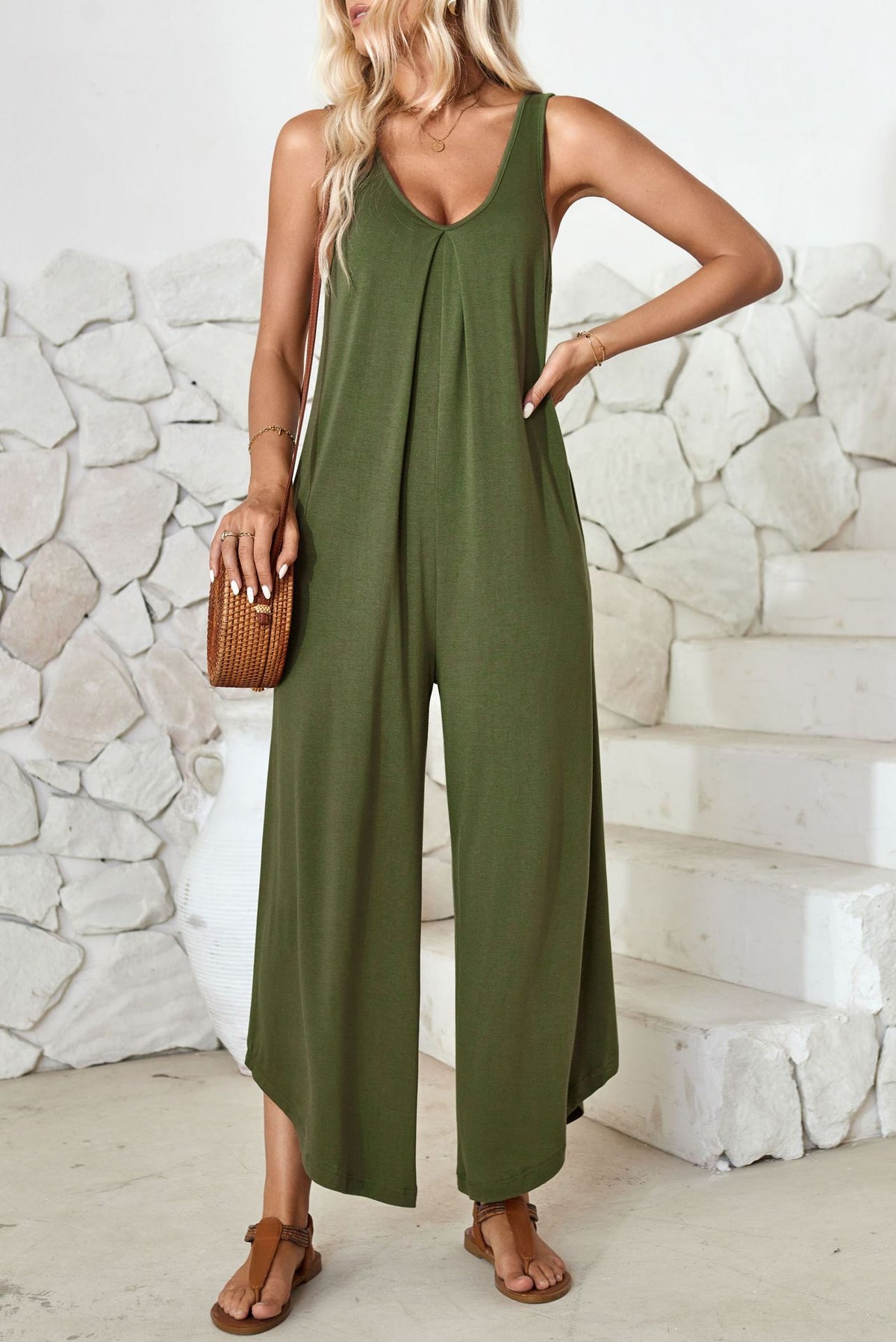 Women's Casual V-Neck Pocket Wide Leg Jumpsuit