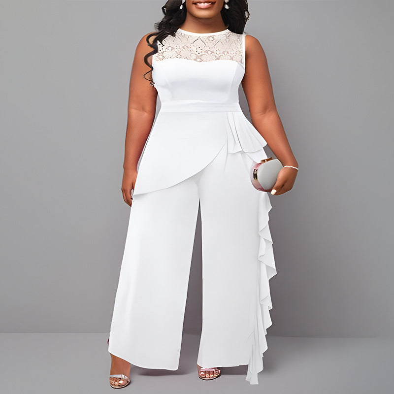 Elegant Plus-Size Straight-Leg Patchwork Jumpsuit