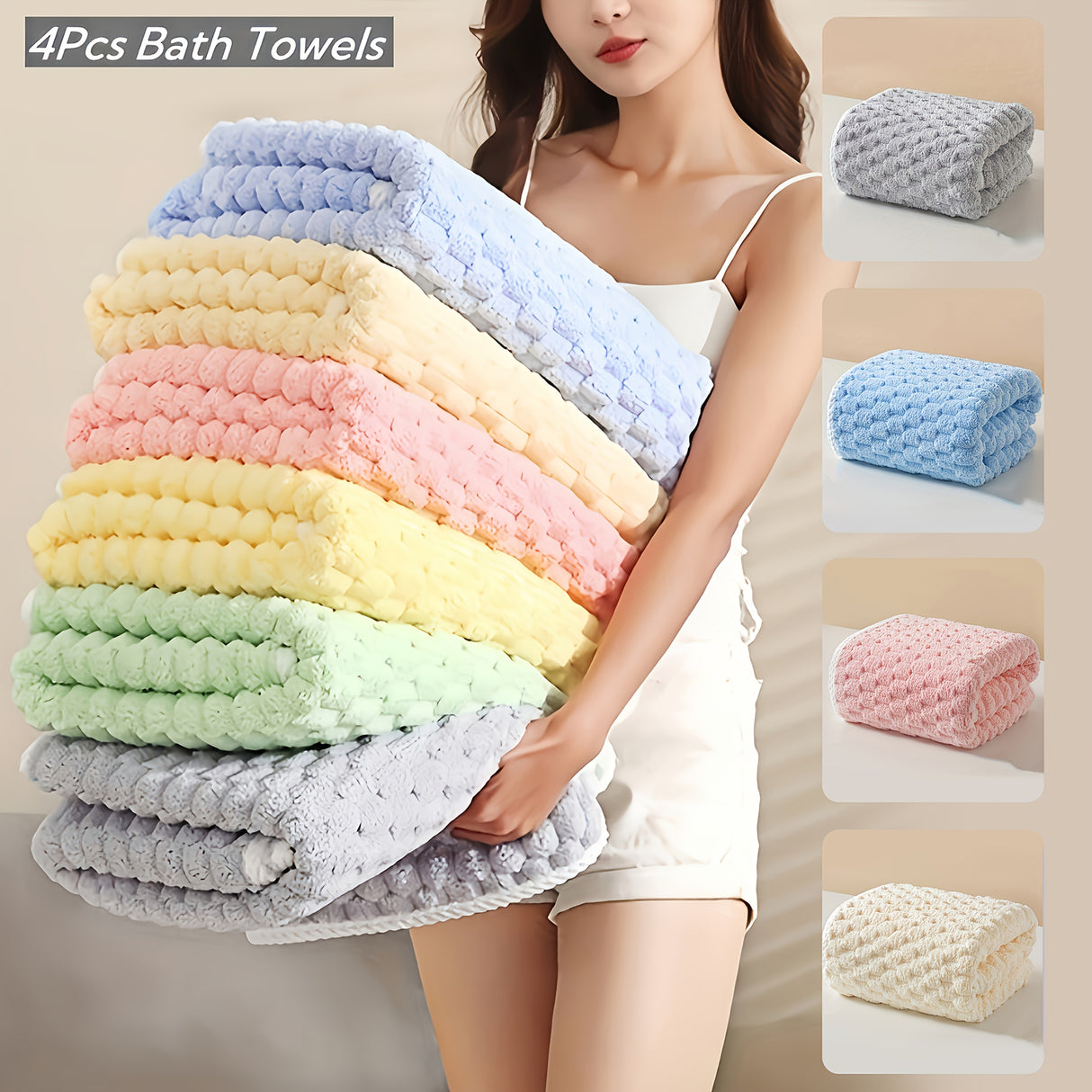4-Pack Waffle Weave Super Soft Bath Towels, Ultra Absorbent Quick-Dry Microfiber Towels for Adults, Soft Textile & Travel Towels, Durable for Daily Use - 80% Polyester, 20% Nylon