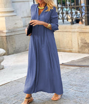 Solid Color V Neck Tie Front Long Sleeve Maxi Dress, Loose Flowy Long Dress for Casual Vacation & Daily Wear