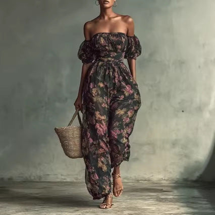 Floral Ruched Puff Sleeve Jumpsuit