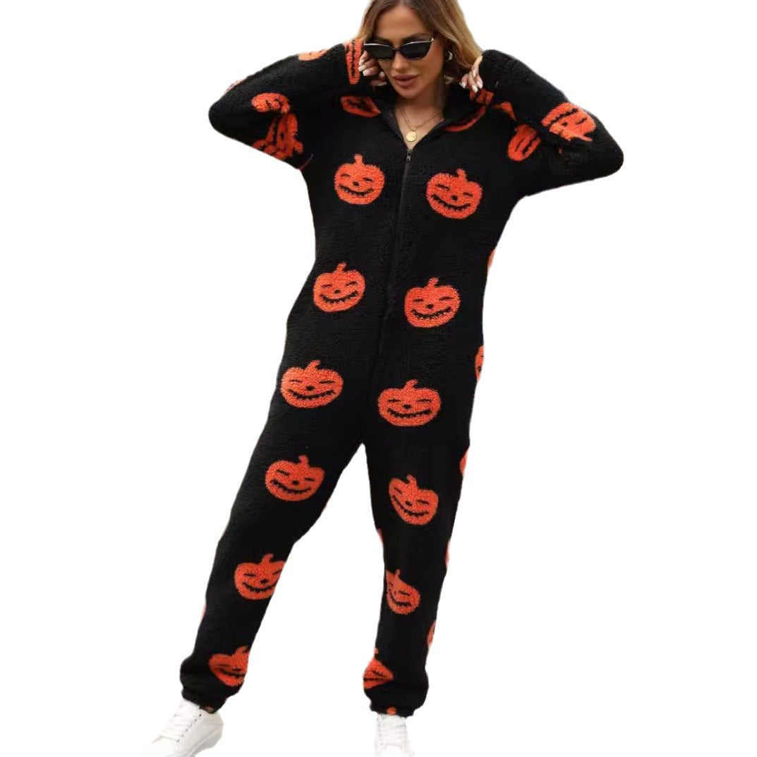 Halloween Pumpkin Print Zip Plush Jumpsuit