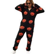 Halloween Pumpkin Print Zip Plush Jumpsuit