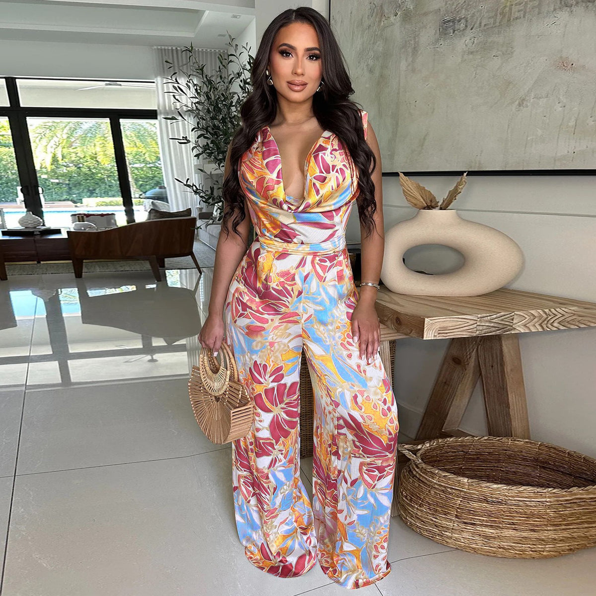 Women's Sleeveless Lace-up Wide-leg Printed Jumpsuit
