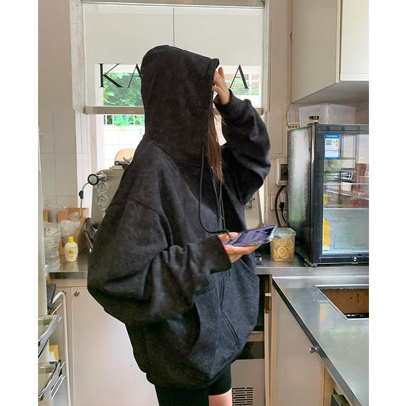 Women's Grey Zip-Up Hooded Cardigan Loose Sweater