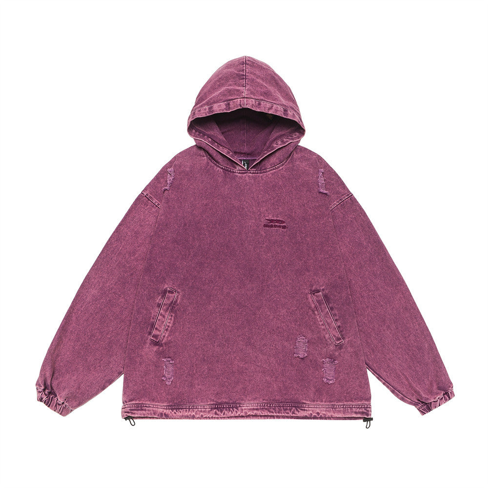 Edgy Distressed Denim Hooded Pullover Streetwear