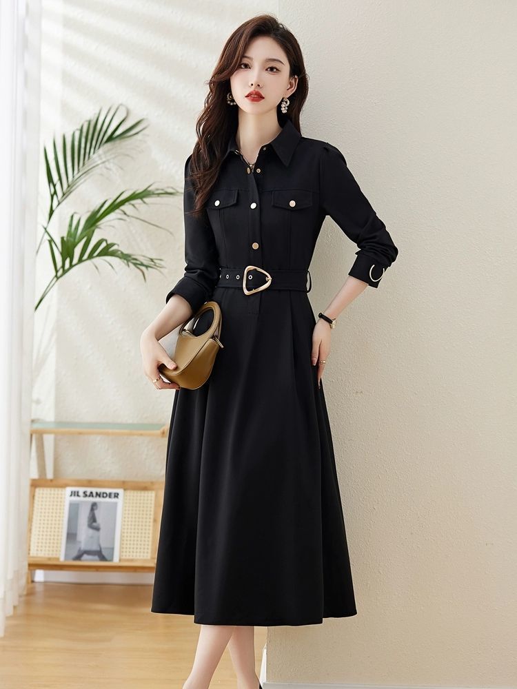 Elegant Lapel A-Line Midi Dress with Fitted Waist