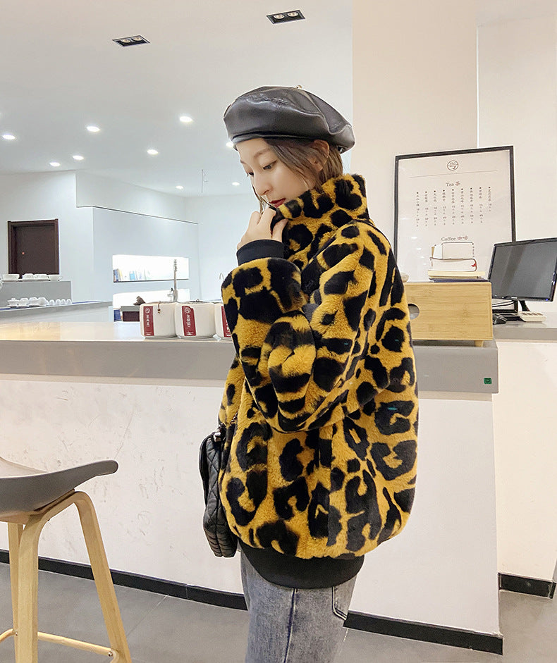 Leopard Print Faux Fur Stitching Women's Winter Sweater