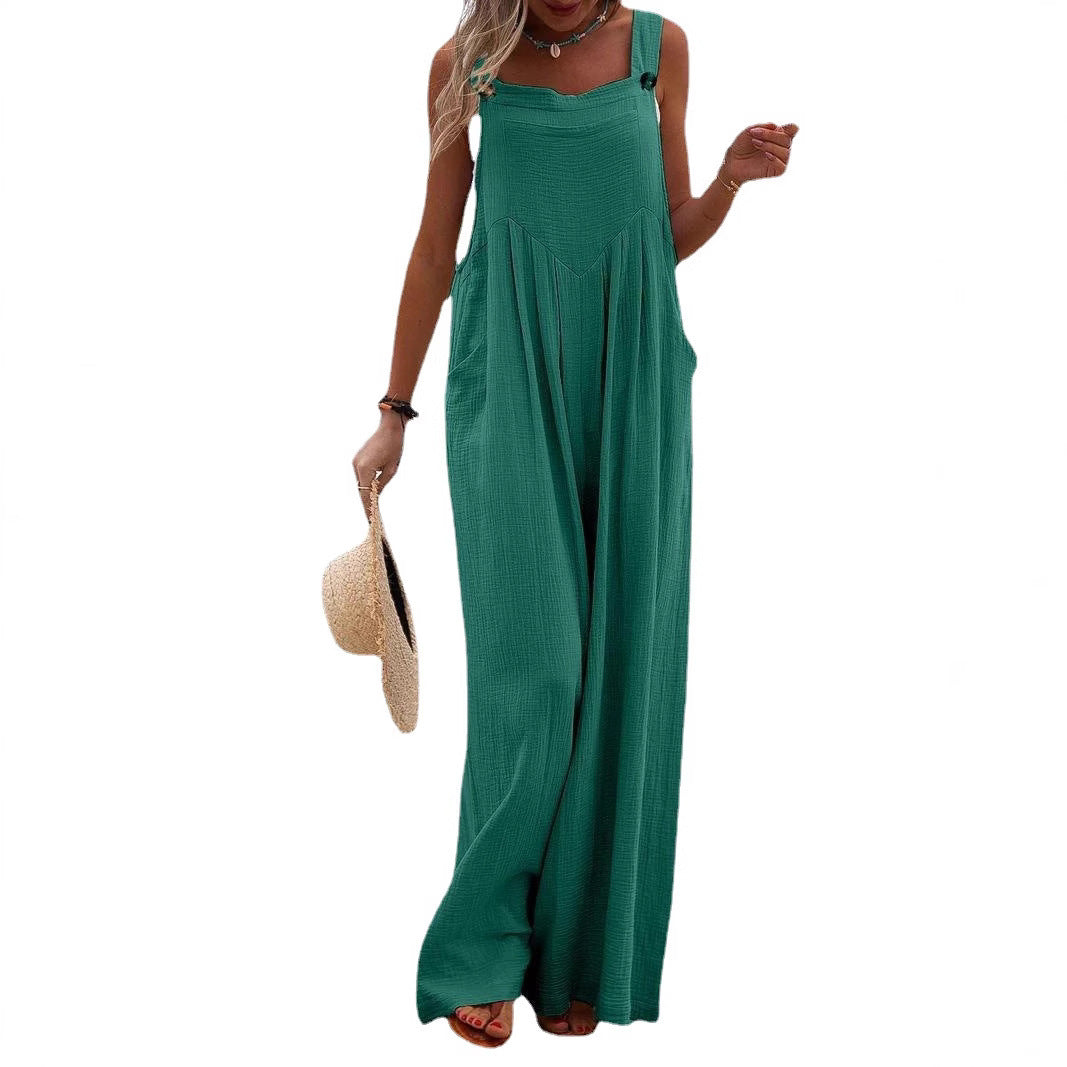 Sleeveless Wide-leg Buttoned Ethnic-style Jumpsuit