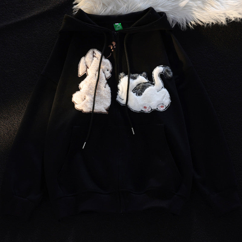 Cute Cartoon Thickened Hooded Cardigan Sweater for Women