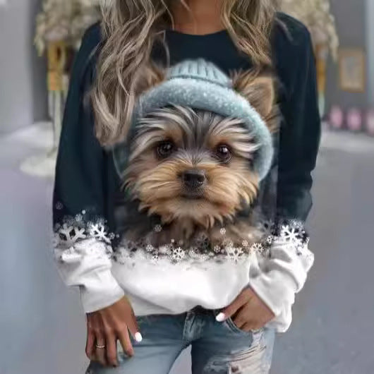 Cute 3D Animal Print Round Neck Casual Sweater