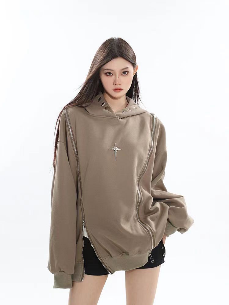 New Niche Shoulder Zipper Hooded Sweater Women's American Retro