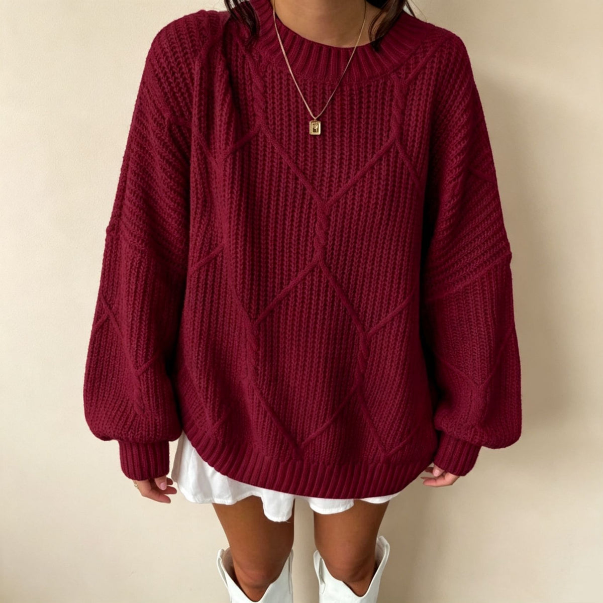 Womens Loose Knitted Sweater Solid-color Pullover