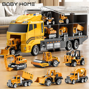 HOME Die-Cast 7-In-1 Construction Truck Toy for Aged 3-9 Kid Boys & Girls, Carrier Vehicle Toy Set with Play Mat, Christmas Birthday Gift Random Color of Accessories