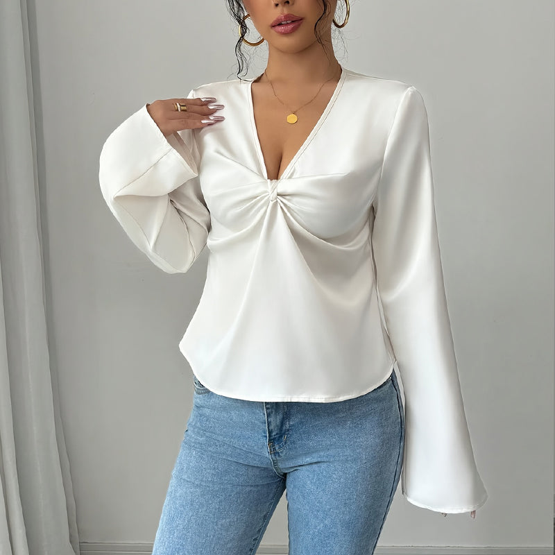 Elegant V-Neck Ruffled Flared Sleeve Blouse for Women