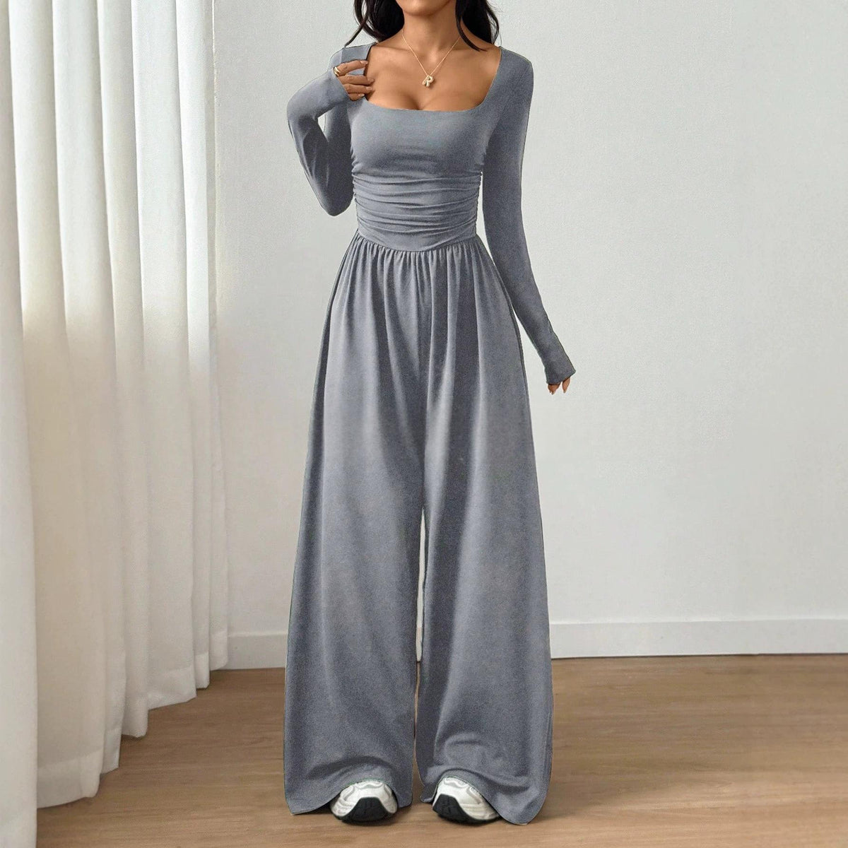 2026 Spring Fall Women's Casual Solid Color Square Neck Long Sleeve A-Line Jumpsuit Pleating Wide Leg Loose Mopping Jumpsuit