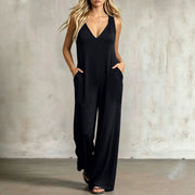 Simple V-neck Pocket Solid-color Hooded Jumpsuit