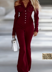 Sexy Off-the-Shoulder Denim-Print Long-Sleeve Jumpsuit