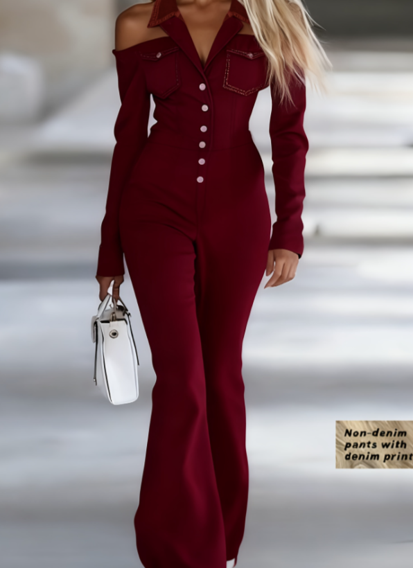 Sexy Off-the-Shoulder Denim-Print Long-Sleeve Jumpsuit