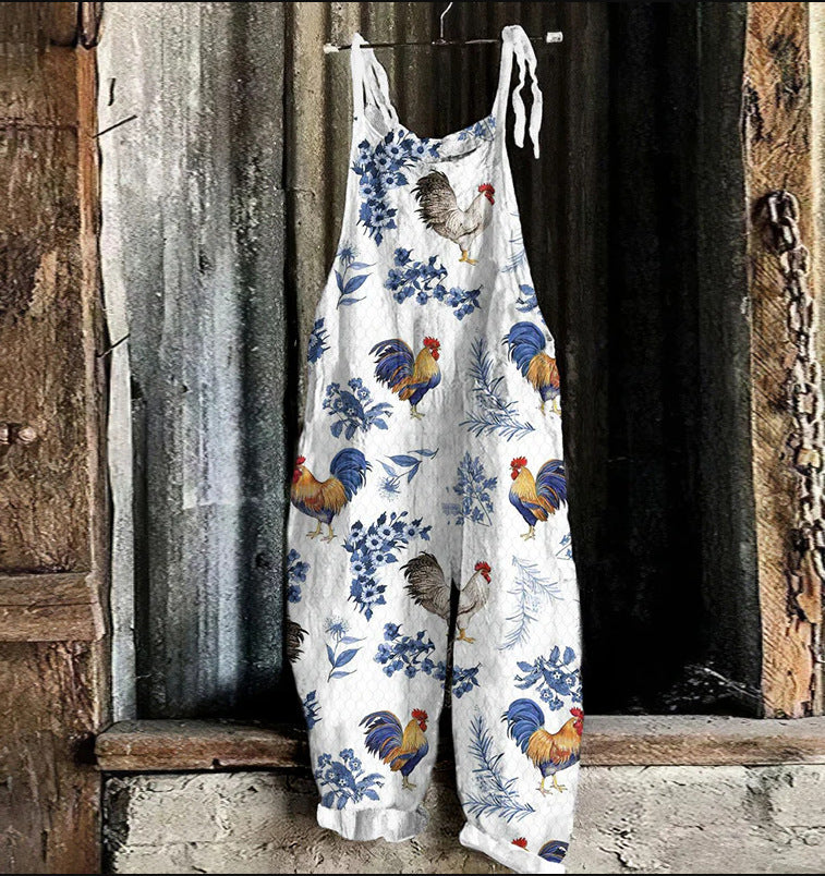 Vintage Sweet Print Loose Suspender Pants for Women