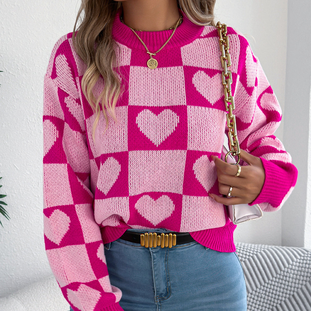 Women's Love Plaid Lantern Long Sleeve Pullover Sweater