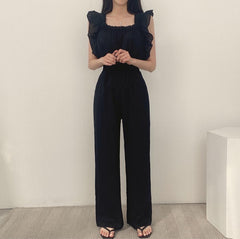French Retro Square Collar Ruffled Flying Sleeves Elastic And Waisted High Waist Wide Leg Jumpsuit For Women