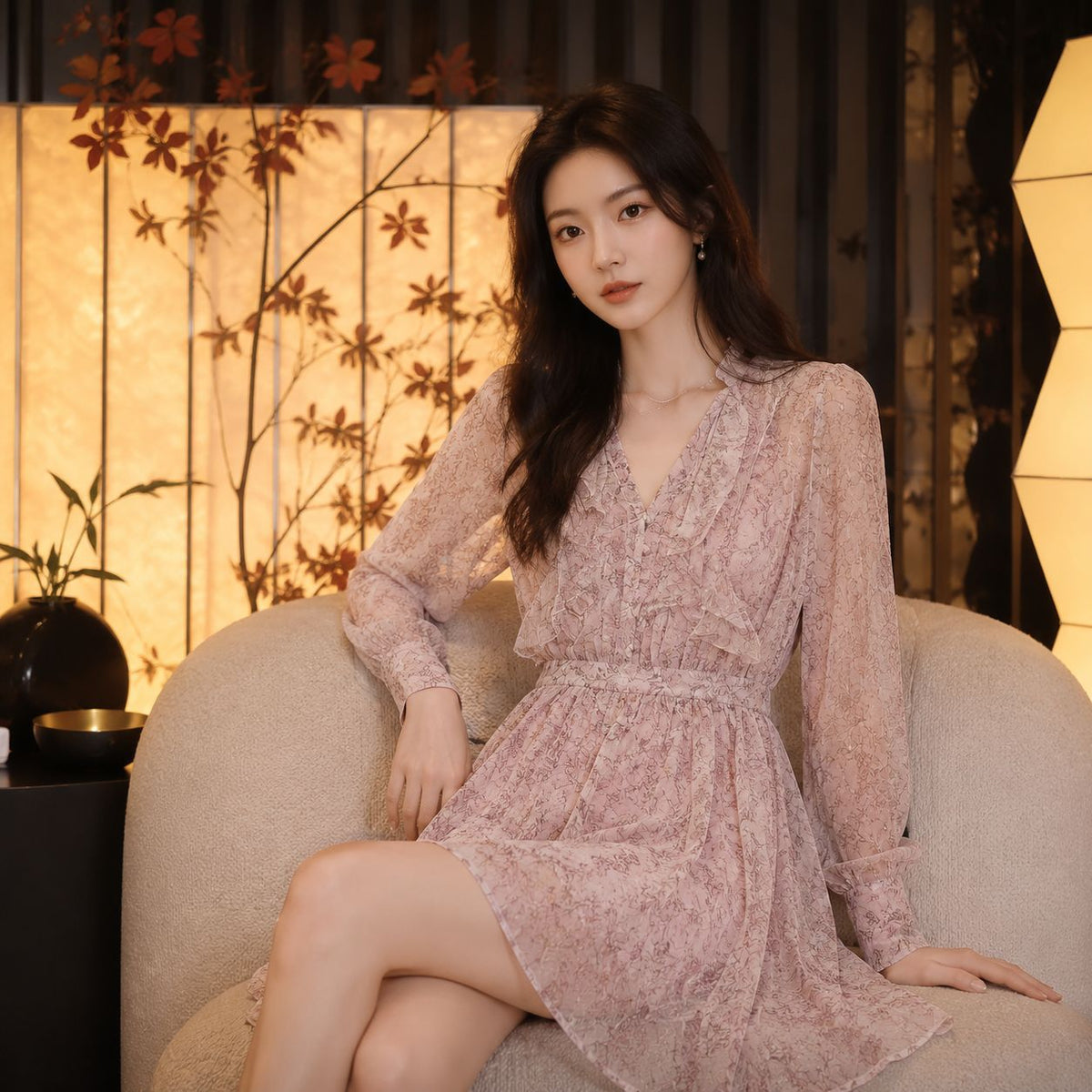 Ruffled Long-sleeve Waist-cinching Cropped Style for Petite Figures