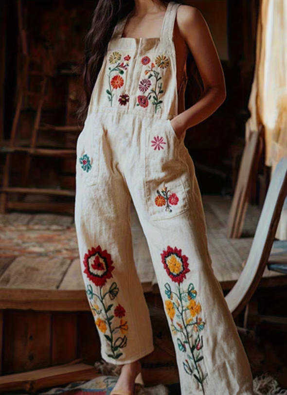 Retro Floral Embroidered Wide-Leg Casual Overalls Jumpsuit