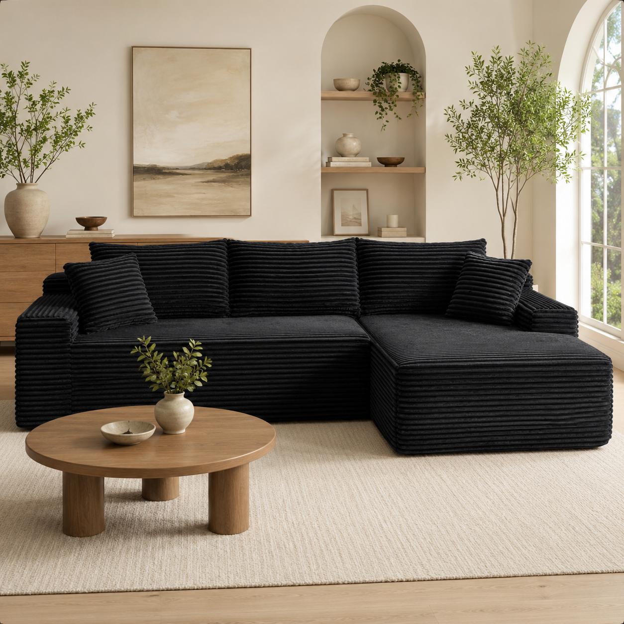 Left chaise L-shaped sectional sofa with memory foam cushions and corduroy upholstery