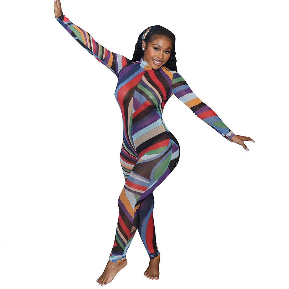 Women's Sexy Printed See-Through Long Sleeve Mesh Jumpsuit